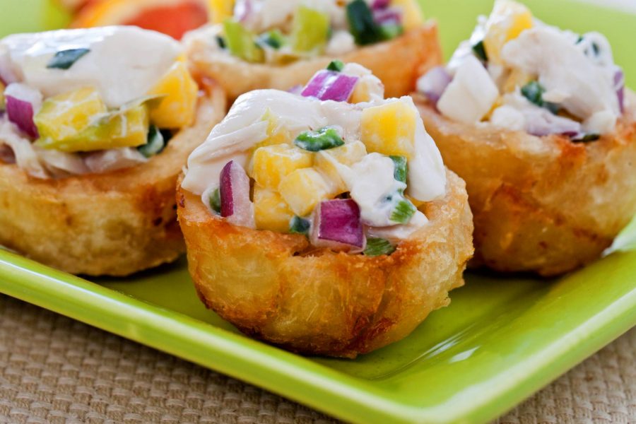 Fried Yuca Cups Stuffed With Crab Mango Salad And Poblano Peppers