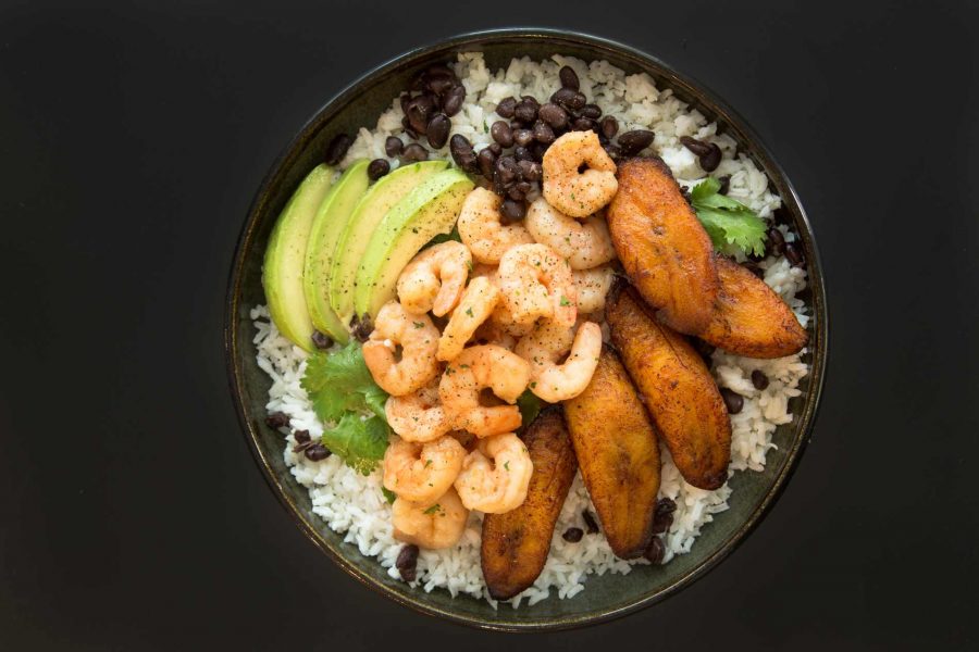 Ripe Plantain Slices With Shrimp, Avocados, Rice & Beans