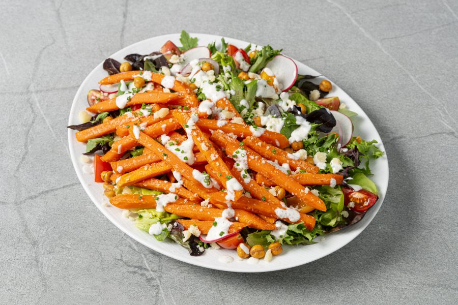 Sweet Potato Fries Garden Salad with Yogurt Dill Dressing_ Seasonal Vegetables and Crispy Chickpeas 3