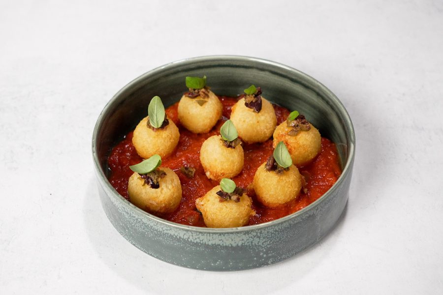 Yuca Cheese Bites with Arriabbata Sauce_ Olive Tapenade and Fresh Basil 3