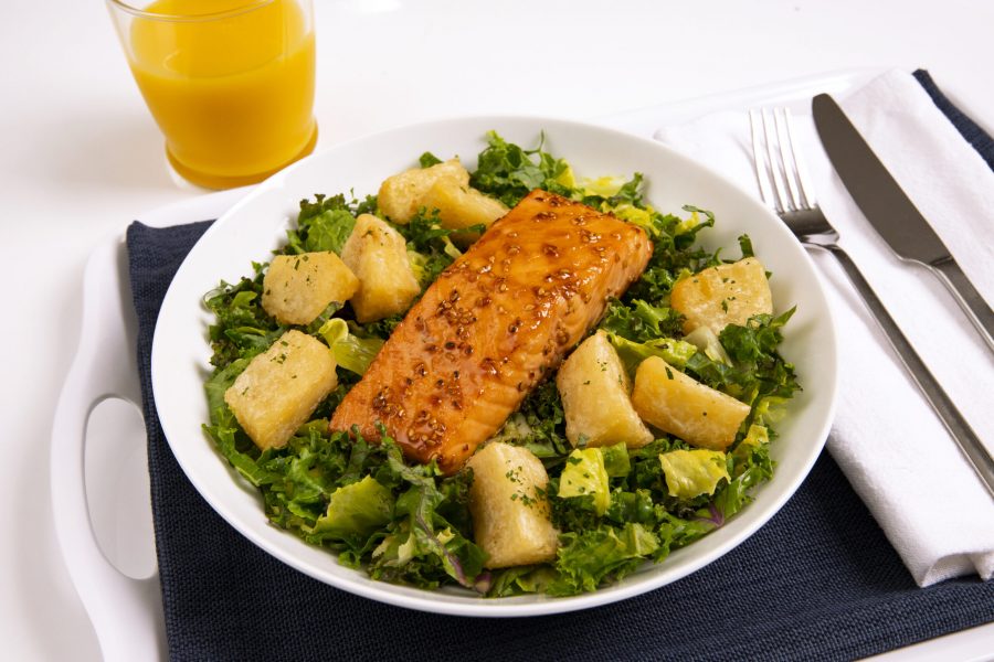 Yuca Croutons Salmon Closeup Salad Hospital Top